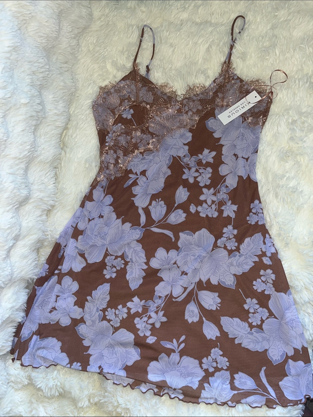 Floral Lace-Trim Slip Dress in Brown & Lavender - Unknown Brand